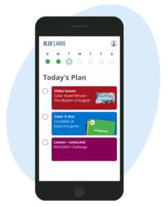 Blue Canoe's daily lesson plans, which allow the user to play English learning games or practice curated lessons.