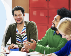 People are speaking English in a group setting. They can understand each other better because they've learned the proper rhythm of English, and now they can speak with confidence.
