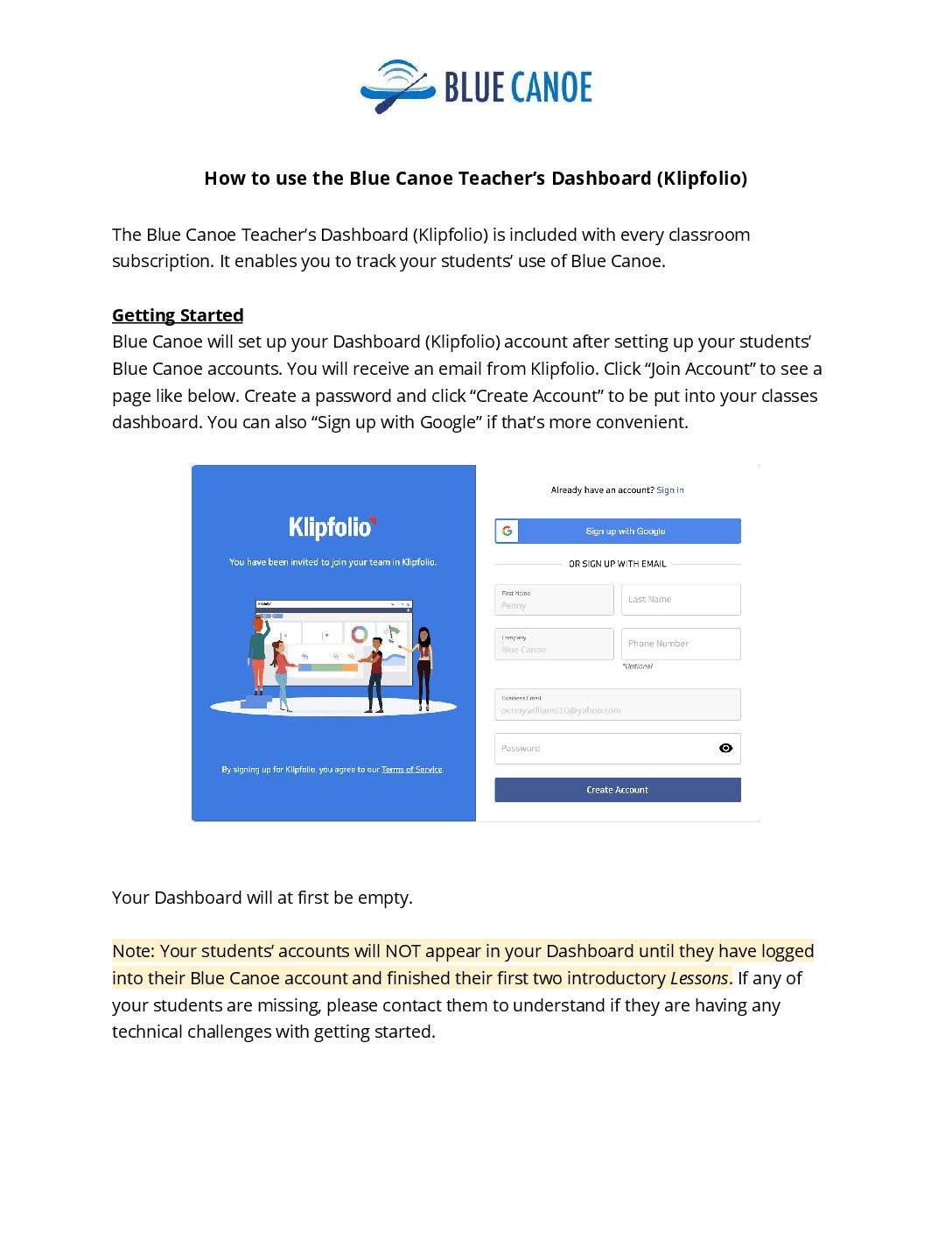 Blue Canoe Teacher’s Dashboard (Klipfolio)